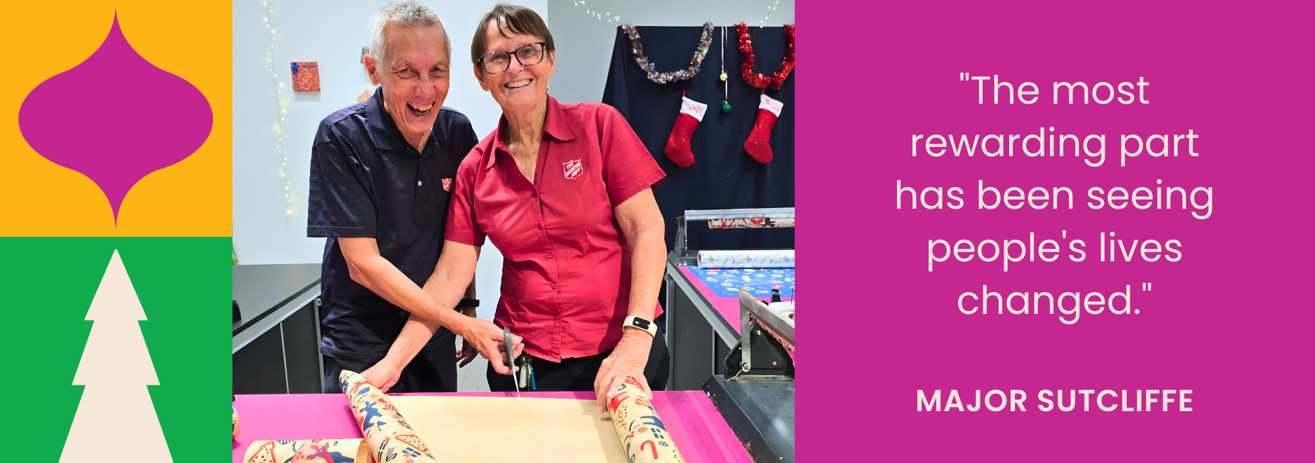 Picture of Majors Peter and Miriam Sutcliffe with quote "The most rewarding part has been seeing people's lives changed."