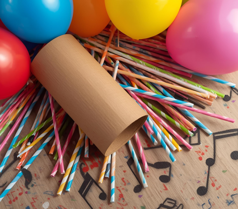 Colourful balloons, straws and cardboard tube with music symbols in background