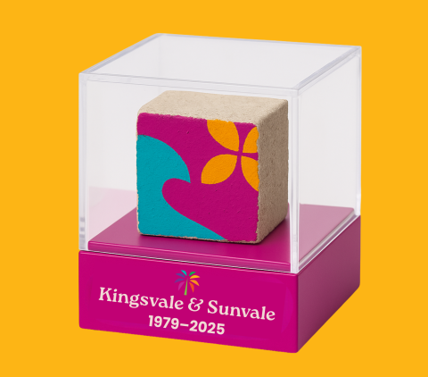 Piece of building in a small display box with Kingsvale & Sunvale 1979-2025