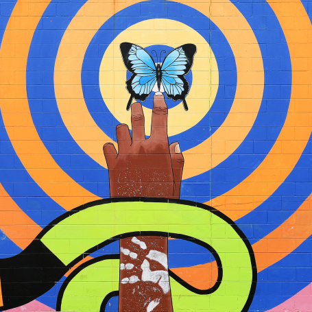Fist Nations mural of hand touching a butterfly surrounded by circles