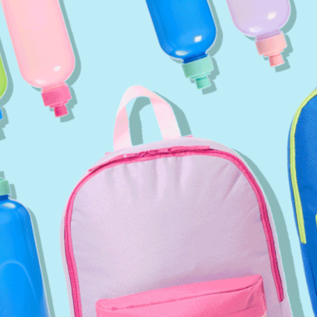 School backpacks and water bottles