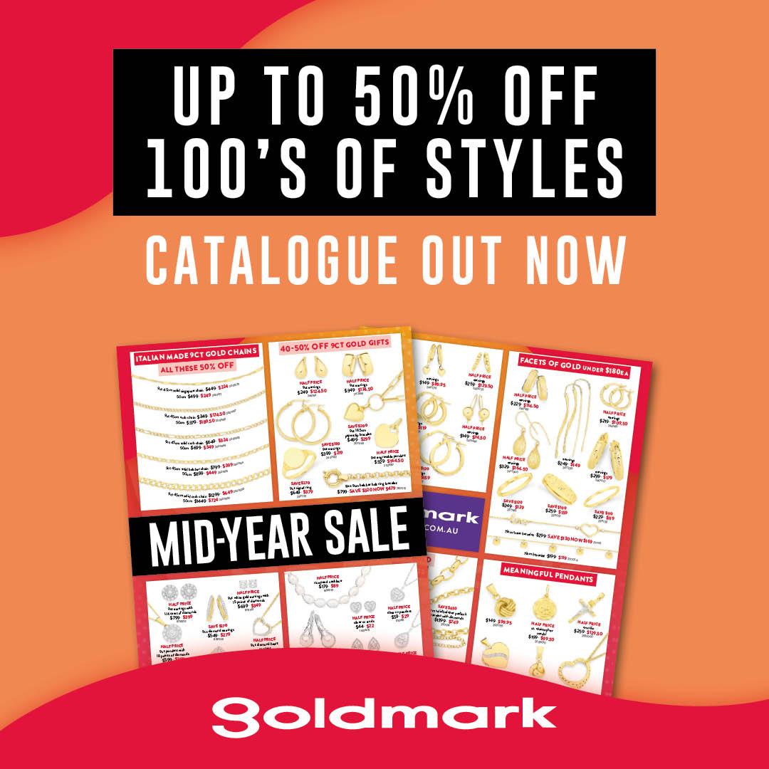 Orange background with a catalogue showing sales on jewellery. Text 'Up to 50% off 100's of styles. Catalogue out now'.