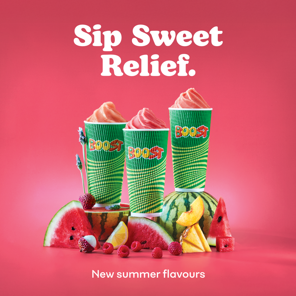 Sip sweet relief with Boost Juices with tropical fruits around. New summer flavours. 